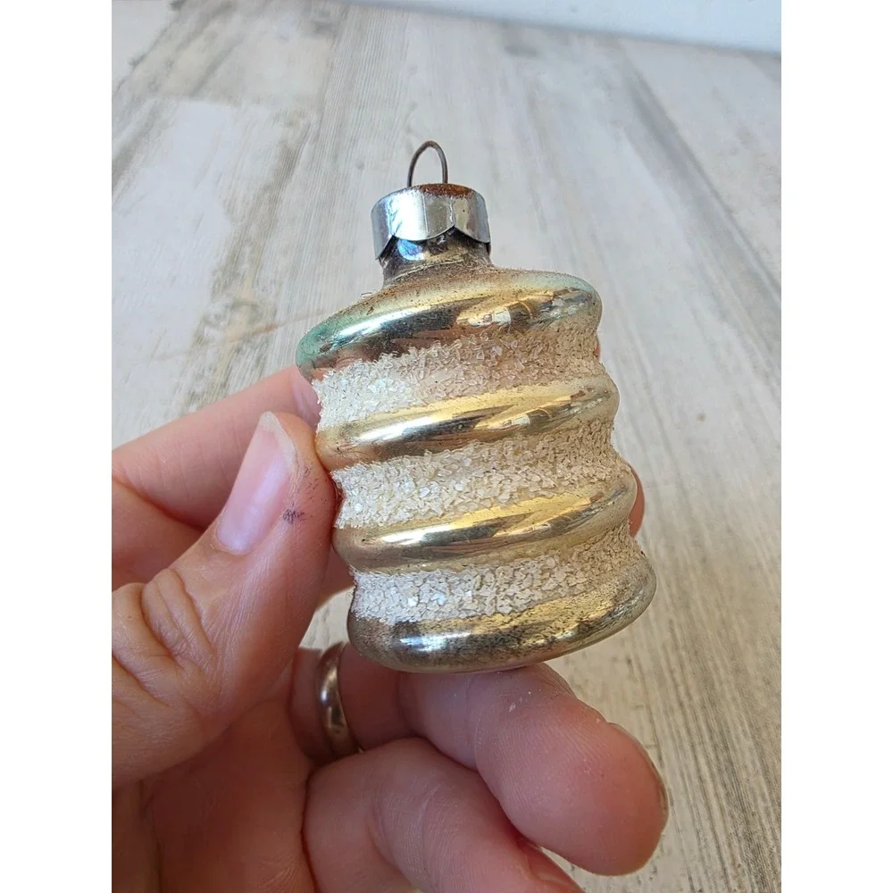 Vintage shiny Brite barrel Mica green mercury glass ornament made in USA Xmas